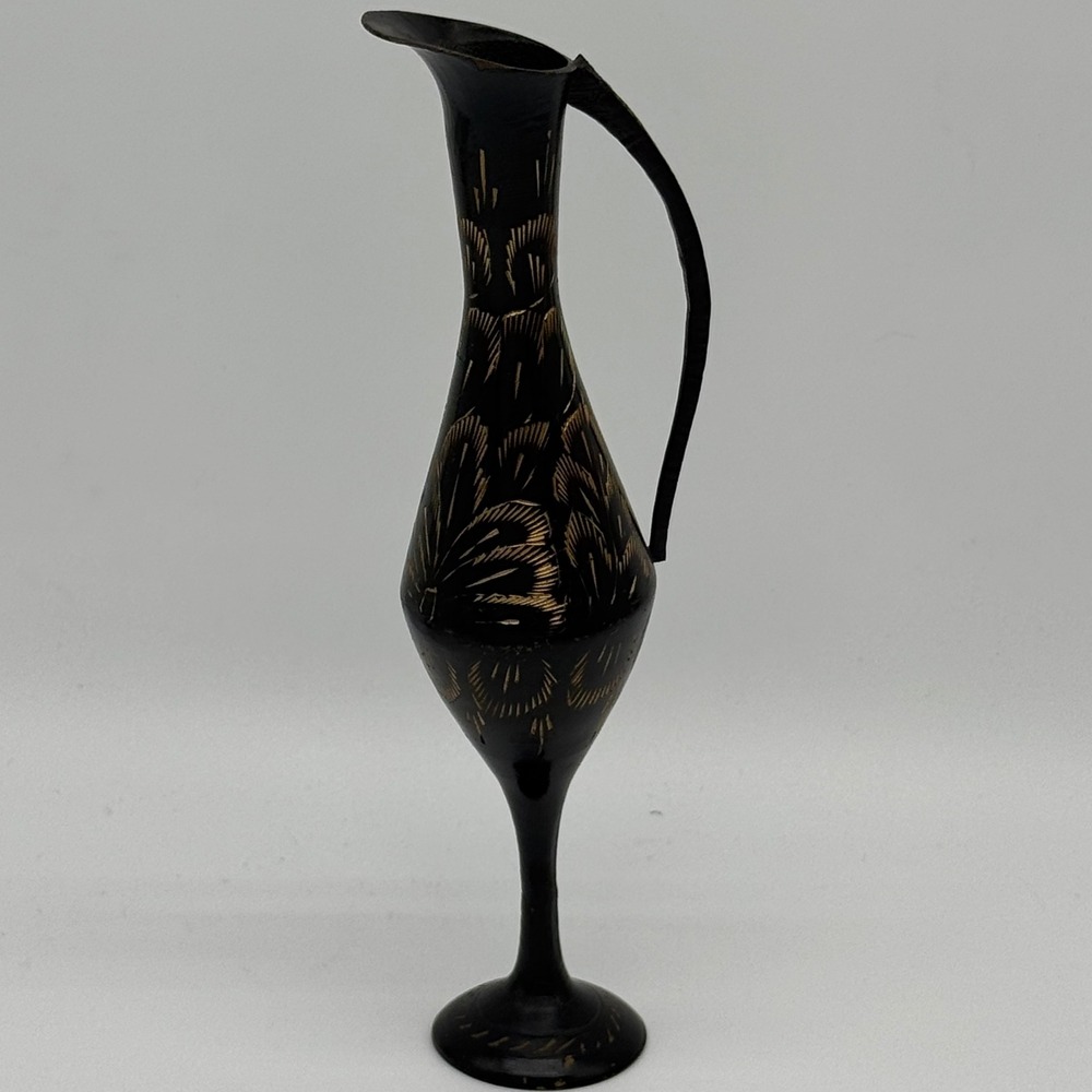 Vintage Black Etched Brass Ewer Pitcher Vase Hand Painted Floral India 7.5" MCM